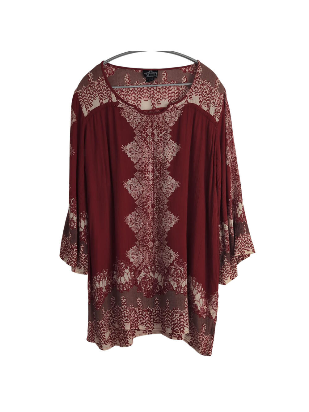 ANGIE Boho Peasant Tunic Blouse Burgundy Lace Print Sharkbite Bell Sleeve Small